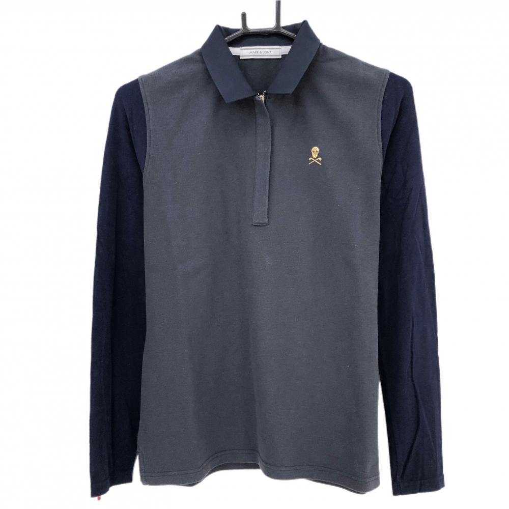 マークアンドロナ 異素材長袖ポロシャツ ネイビー スカル 袖微起毛 レディース L ゴルフウェア MARK＆LONA