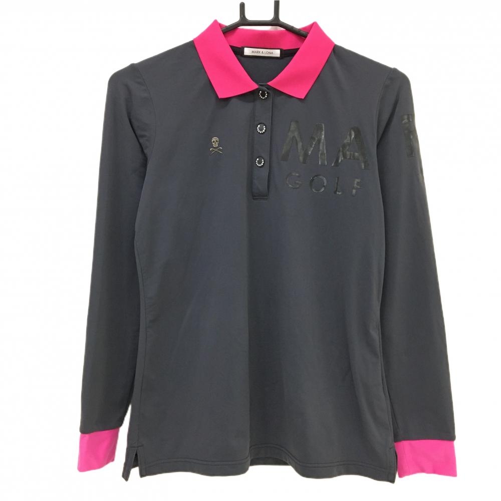 マークアンドロナ 長袖ポロシャツ 黒×ピンク ロゴワッペン  レディース 38(M) ゴルフウェア MARK＆LONA