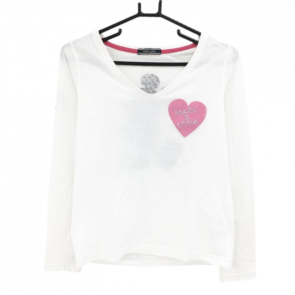 【美品】マークアンドロナ×Disney 長袖Ｔシャツ 白 背面ミッキーマウス ラインストーン Vネック レディース M ゴルフウェア MARK＆LONA