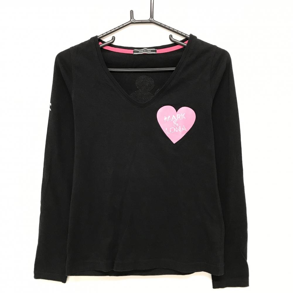 【美品】マークアンドロナ×Disney 長袖Ｔシャツ 黒 背面ミッキーマウス ラインストーン Vネック レディース M ゴルフウェア MARK＆LONA