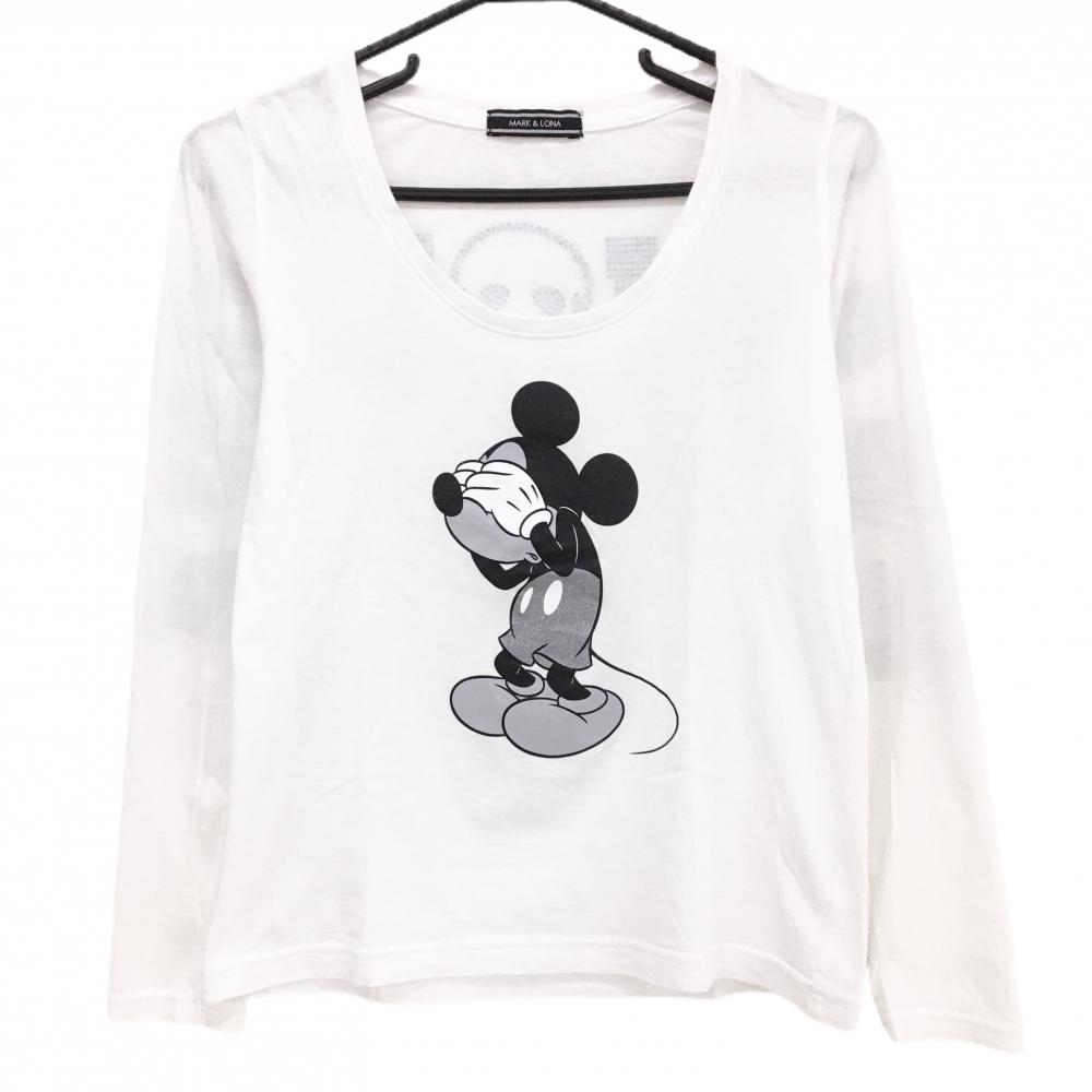 【美品】マークアンドロナ×Disney 長袖Ｔシャツ 白 ミッキーマウス 背面ラインストーンスカル レディース M ゴルフウェア MARK＆LONA