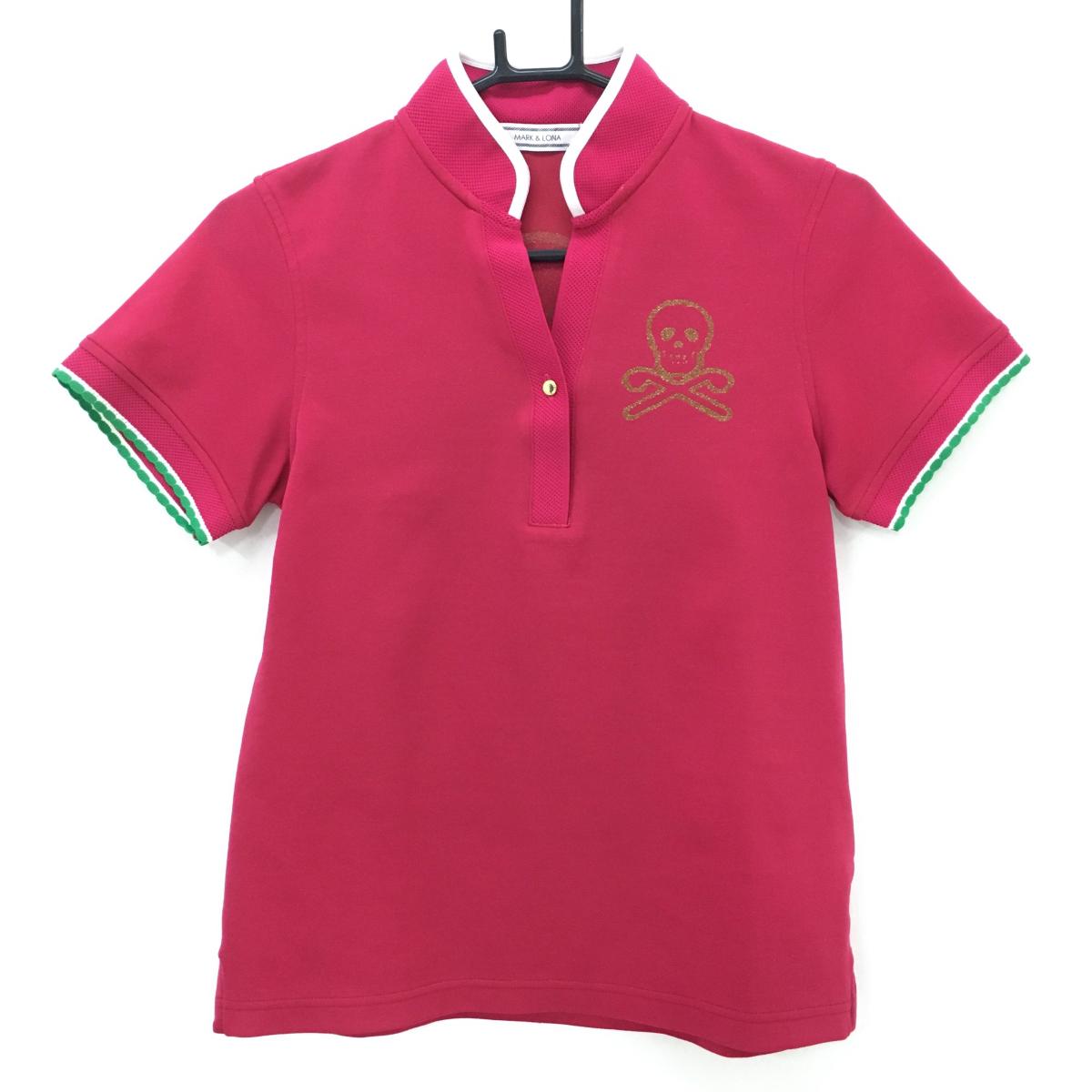 マークアンドロナ 半袖スキッパーシャツ ピンク×ゴールド 背面スカル レディース 40(L) ゴルフウェア MARK＆LONA