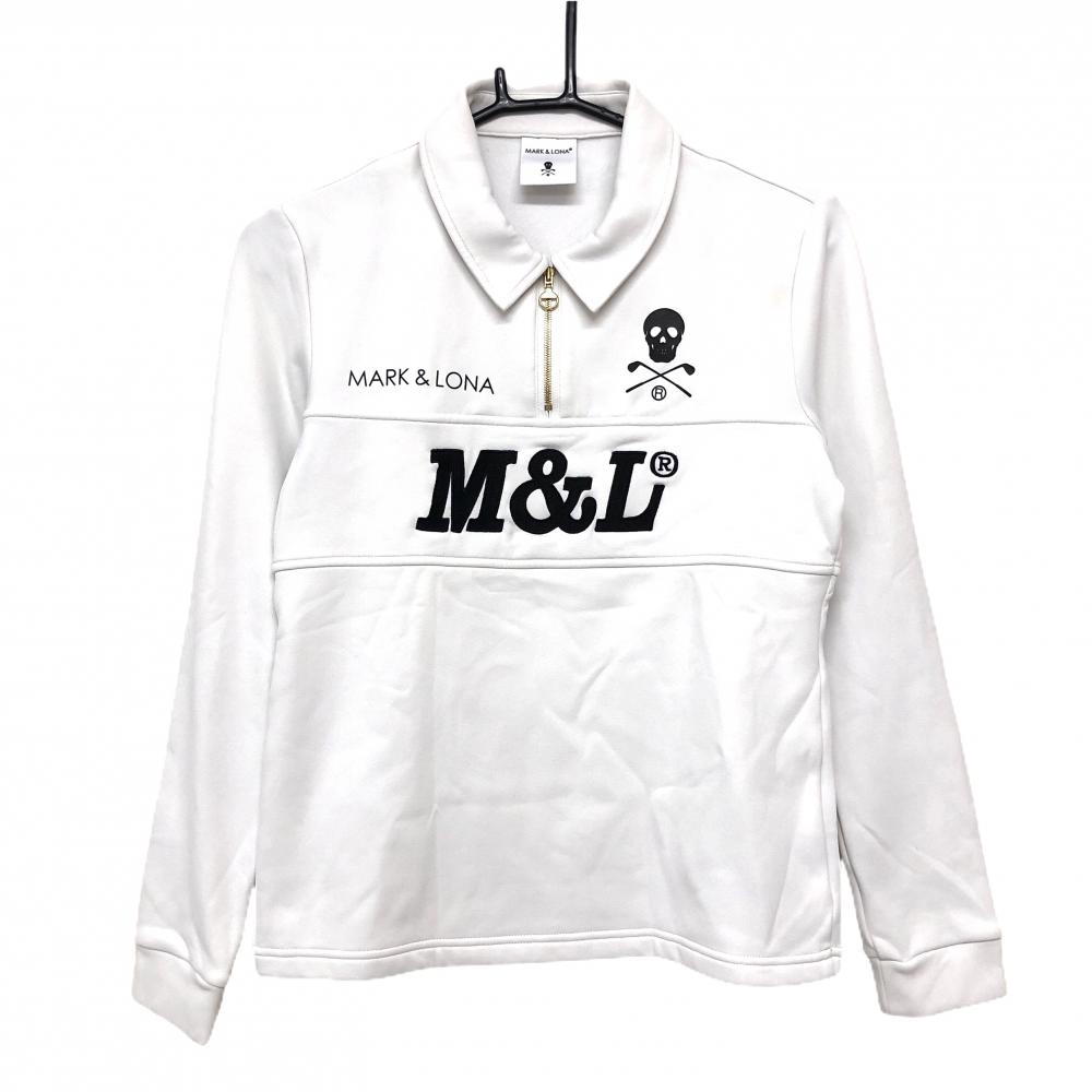 【超美品】マークアンドロナ 襟付き長袖シャツ 白×黒 裏微起毛 ハーフジップ スカル レディース 38(M) ゴルフウェア MARK＆LONA