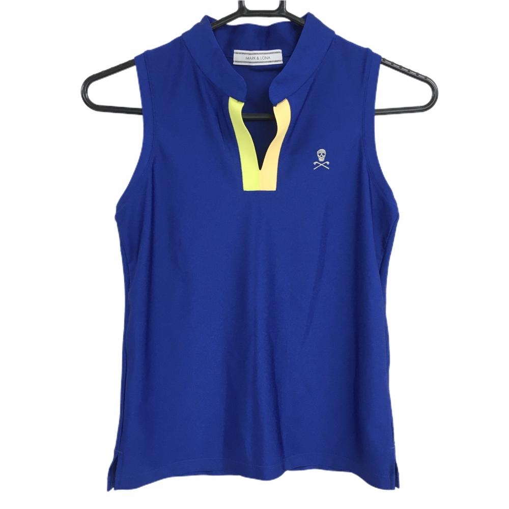 【超美品】マークアンドロナ ノースリーブスキッパーシャツ ネイビー×イエロー スカル ナイロン混 レディース S ゴルフウェア MARK＆LONA