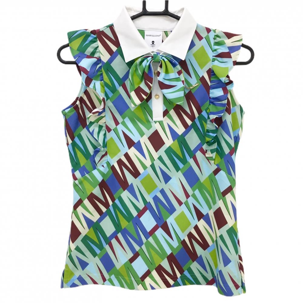 【超美品】マークアンドロナ ノースリーブポロシャツ グリーン×ボルドー 総柄 レディース 38(M) ゴルフウェア 2023年モデル MARK＆LONA