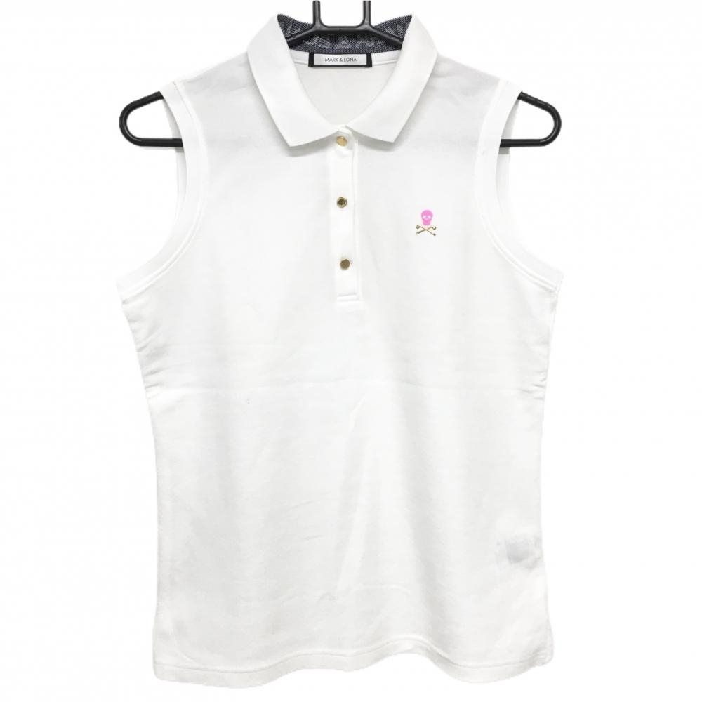 【美品】マークアンドロナ ノースリーブポロシャツ 白 胸スカル  レディース 40(L) ゴルフウェア MARK＆LONA