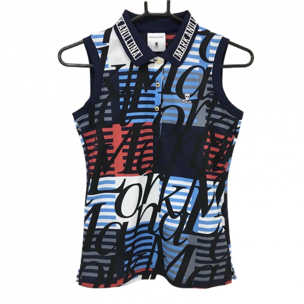 【超美品】マークアンドロナ ノースリーブポロシャツ ネイビー×レッド×ライトブルー レディース 36(S) ゴルフウェア MARK＆LONA