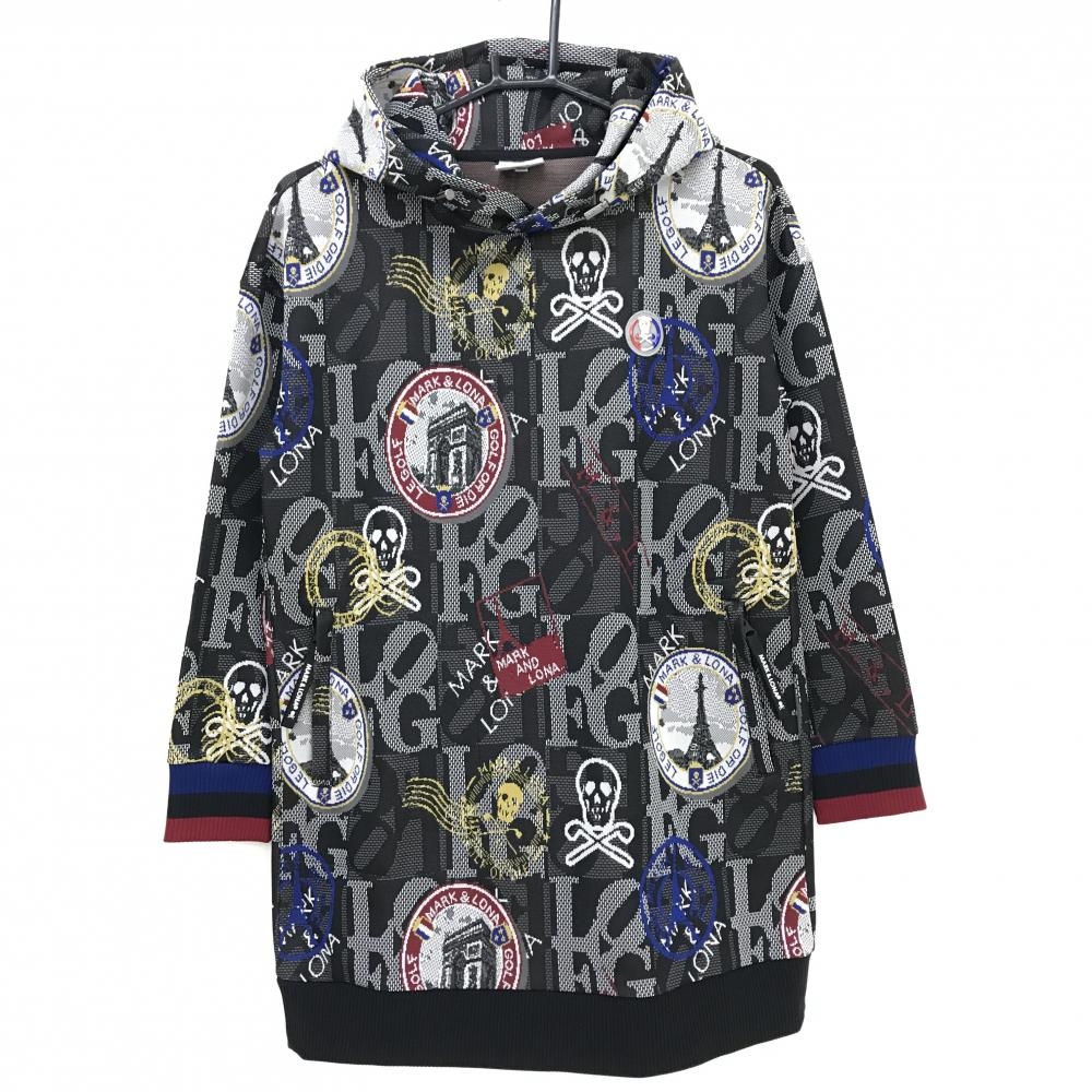 【超美品】マークアンドロナ フード付ワンピース 黒×白×レッド 英字柄 スカル チュニック レディース 36(S) ゴルフウェア MARK＆LONA