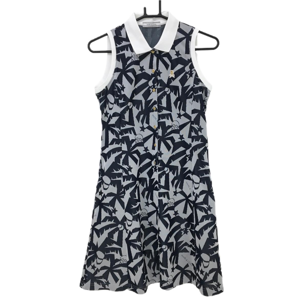 マークアンドロナ ノースリーブポロワンピース ライトグレー×ネイビー 総柄 ヤシの木 スカル レディース M ゴルフウェア MARK＆LONA