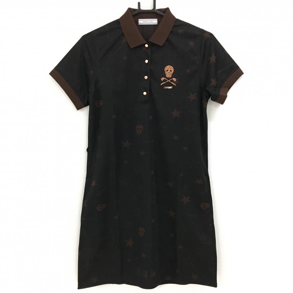【超美品】マークアンドロナ 半袖ポロワンピース 黒×ブラウン 星柄 スカル柄 ラインストーン レディース L ゴルフウェア MARK＆LONA