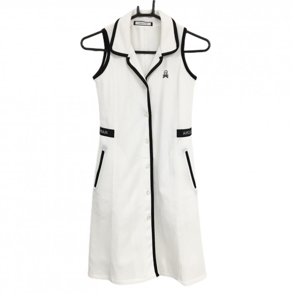 【超美品】マークアンドロナ ノースリーブオープンカラーワンピース 白×黒 パイピング スカル レディース 36 ゴルフウェア MARK＆LONA