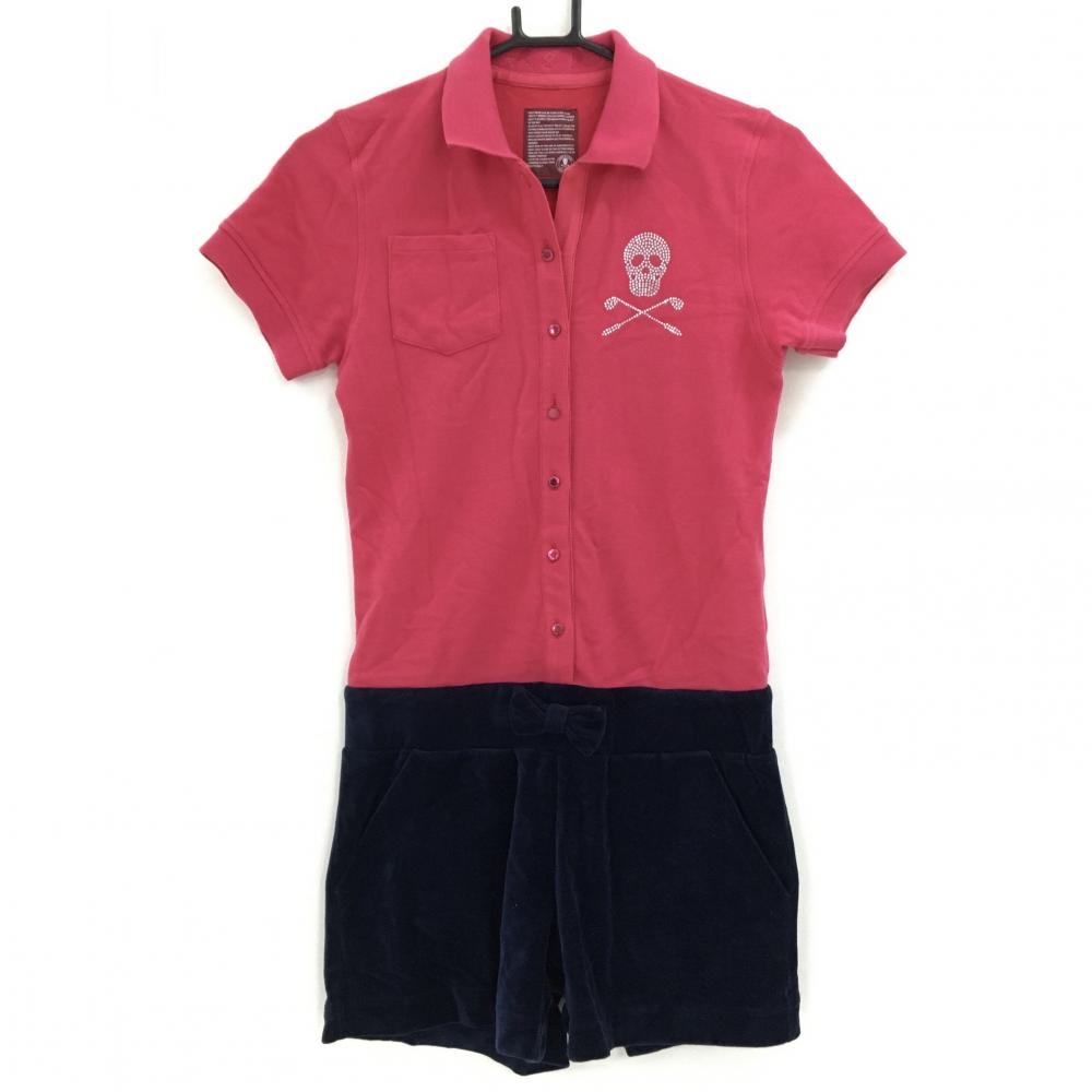 マークアンドロナ オールインワン レッド×ネイビー パンツ起毛 ラインストーンスカル レディース S ゴルフウェア MARK＆LONA