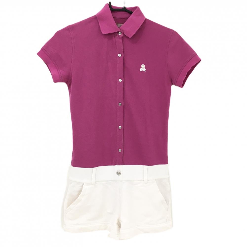 マークアンドロナ オールインワン ピンク×白 スカル 襟・袖色褪せ レディース S ゴルフウェア MARK＆LONA