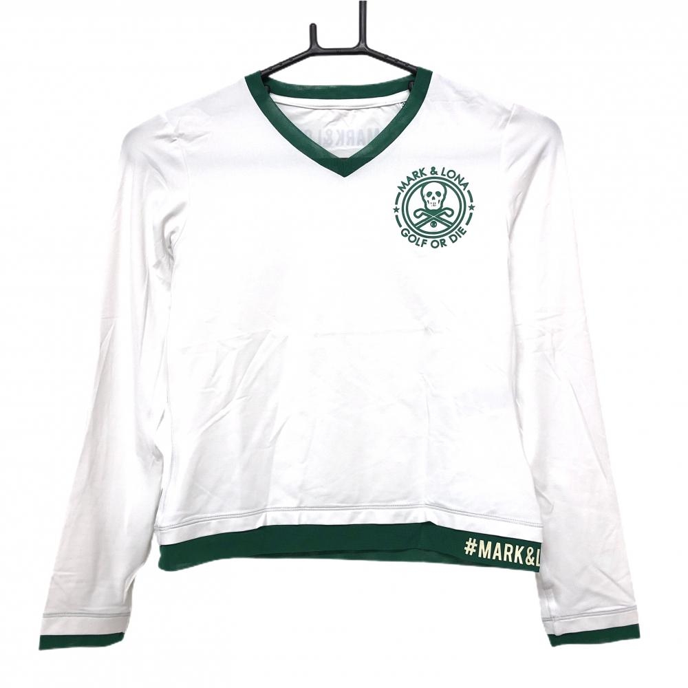 【超美品】マークアンドロナ インナーシャツ 白×グリーン 一部メッシュ Vネック スカル レディース 38(M) ゴルフウェア MARK＆LONA