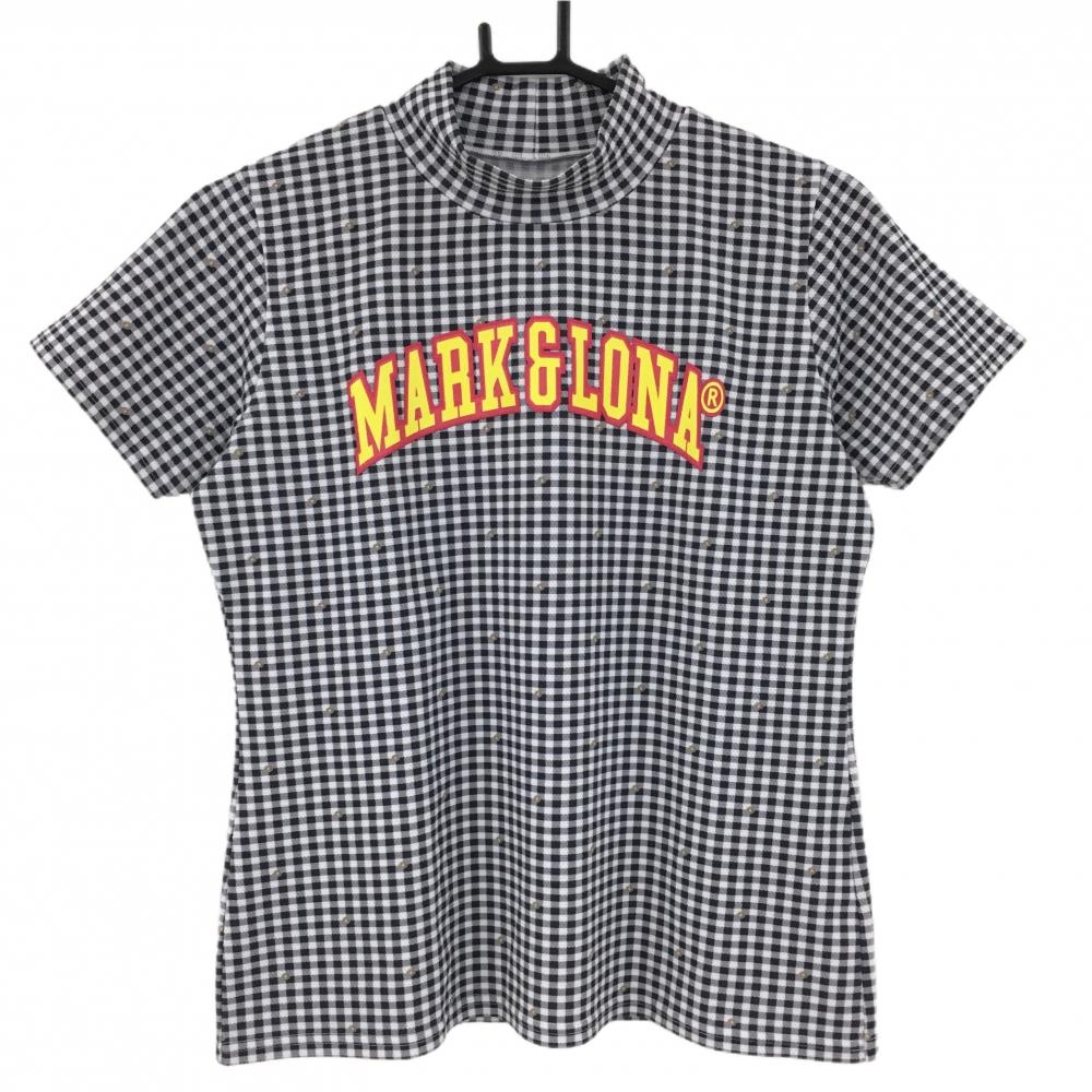 【超美品】マークアンドロナ 半袖ハイネックシャツ 黒×白 チェック 背面ナンバリング  レディース 40(L) ゴルフウェア MARK＆LONA