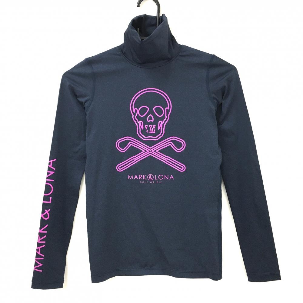 【超美品】マークアンドロナ 長袖ハイネックシャツ ネイビー×ピンク ビッグスカル 袖ロゴ レディース 36(S) ゴルフウェア MARK＆LONA