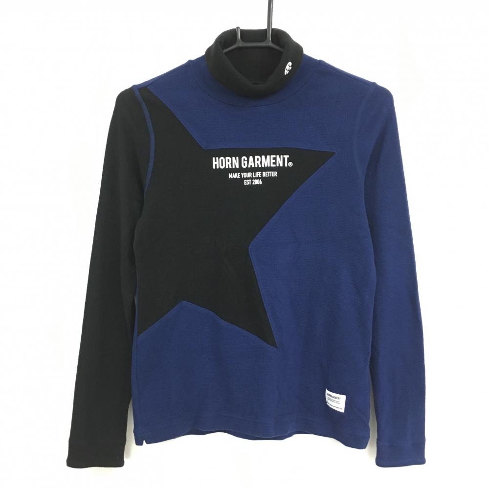 【美品】ホーンガーメント 長袖ハイネックシャツ ネイビー×黒 マークアンドロナ 表微起毛 レディース 38(M) ゴルフウェア MARK＆LONA