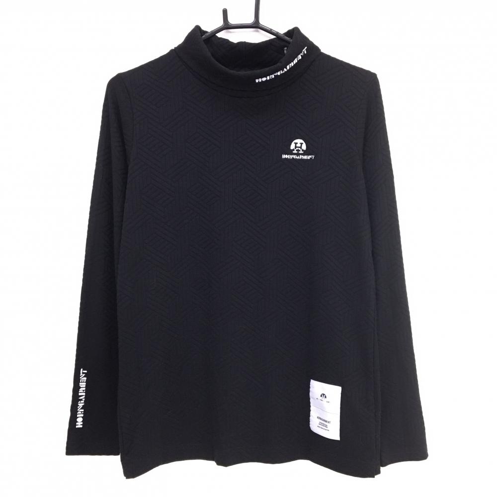 【超美品】ホーンガーメント 長袖ハイネックシャツ 黒 総柄織生地 マークアンドロナ レディース 40(L) ゴルフウェア MARK＆LONA