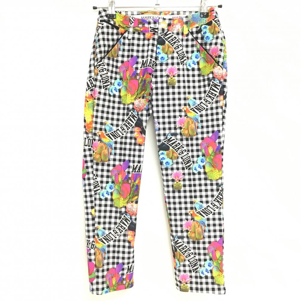 【超美品】マークアンドロナ ストレッチパンツ 黒×白 チェック柄×花柄×ロゴ ナイロン85％  レディース 36 ゴルフウェア MARK＆LONA