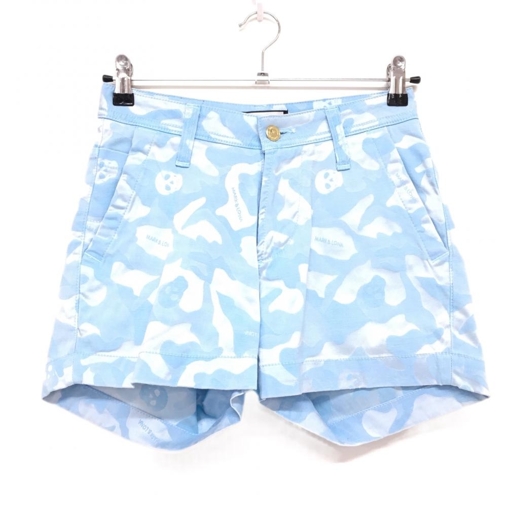 【超美品】マークアンドロナ ショートパンツ ライトブルー カモフラ 迷彩 スカル ストレッチ レディース 38 ゴルフウェア MARK＆LONA