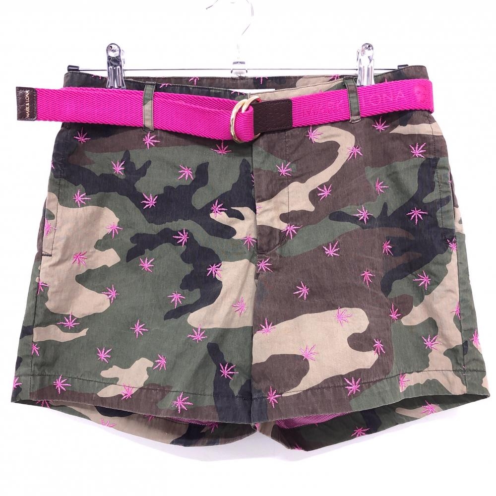 マークアンドロナ ショートパンツ ダークグリーン×黒 迷彩 カモフラ 裏地メッシュ ベルト付 レディース M ゴルフウェア MARK＆LONA