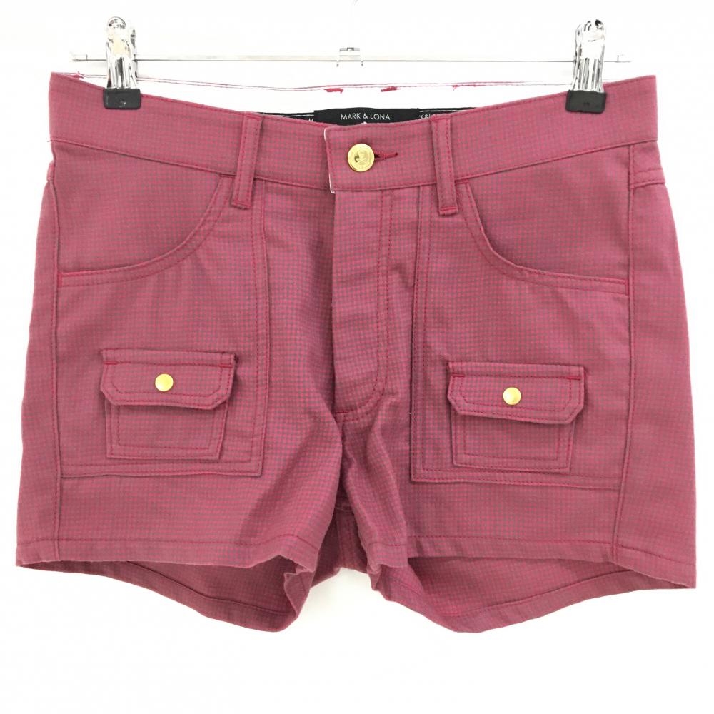 【超美品】マークアンドロナ ショートパンツ ピンク×グレー チェック 複数ポケット ウール混 レディース M ゴルフウェア MARK＆LONA