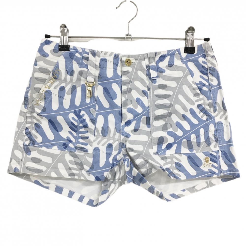 【美品】マークアンドロナ ショートパンツ 白×ブルー×グレー リーフ柄 スカル レディース M ゴルフウェア MARK＆LONA