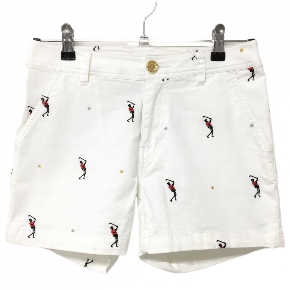 【美品】マークアンドロナ ショートパンツ 白 スカル刺しゅう総柄 レディース M ゴルフウェア MARK＆LONA