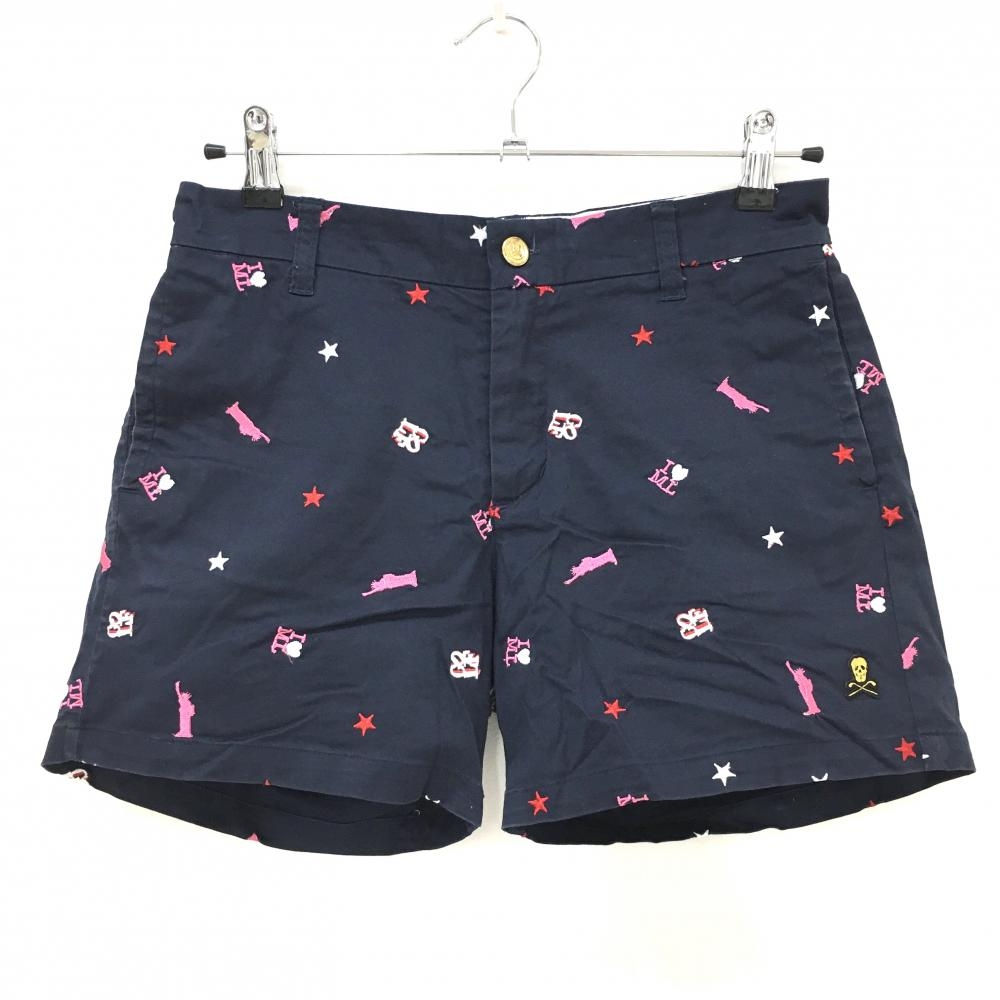 マークアンドロナ ショートパンツ ネイビー×ピンク 総柄刺しゅう ストレッチ  レディース M ゴルフウェア MARK＆LONA