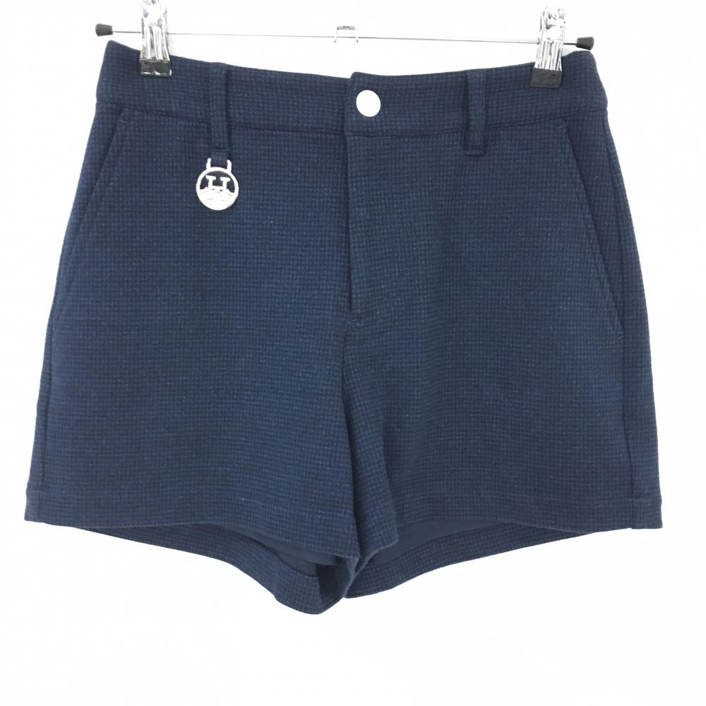 【超美品】ホーンガーメント ショートパンツ ネイビー×黒 細目千鳥格子 微起毛 裏地付き レディース 38(M) ゴルフウェア MARK＆LONA