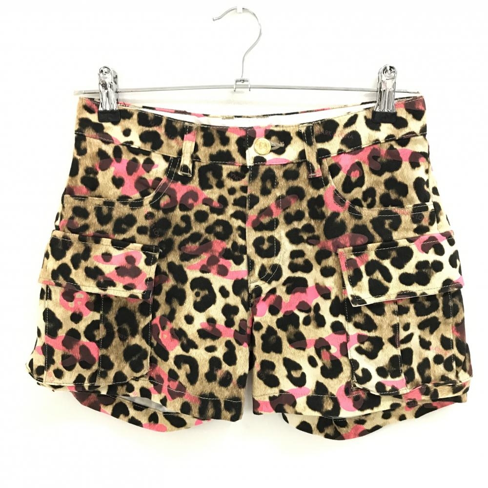 【美品】マークアンドロナ カーゴショートパンツ ベージュ×黒×蛍光ピンク レオパード ヒョウ柄  レディース S ゴルフウェア MARK＆LONA