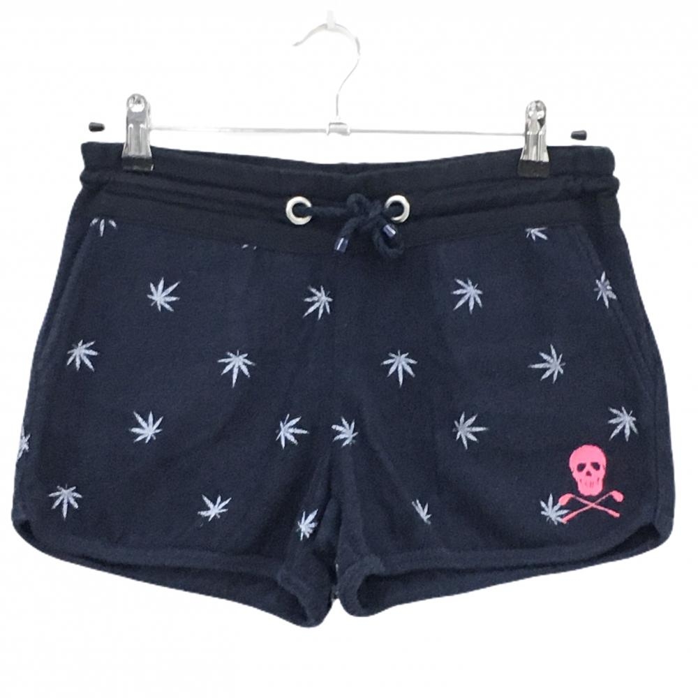 マークアンドロナ ショートパンツ ネイビー×白 リーフ柄 パイル地  レディース M ゴルフウェア MARK＆LONA