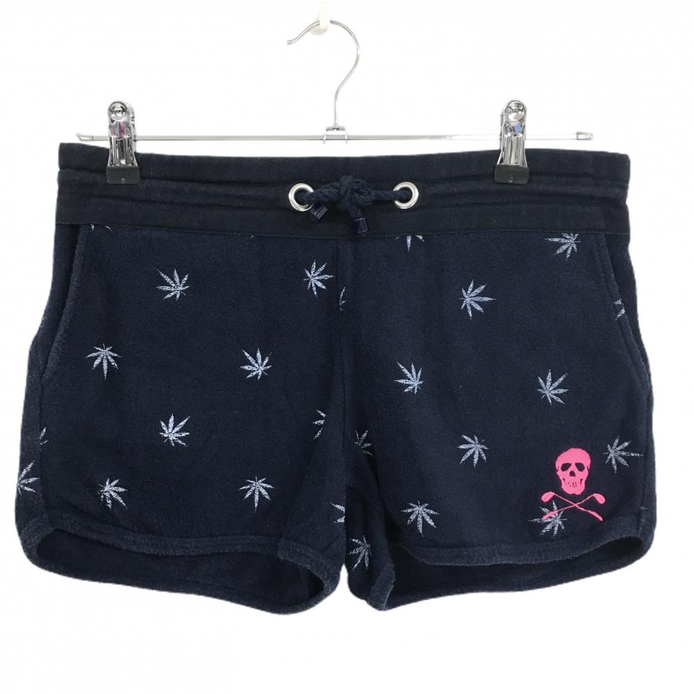 マークアンドロナ ショートパンツ ネイビー×白 リーフ柄 パイル地 スカル レディース M ゴルフウェア MARK＆LONA