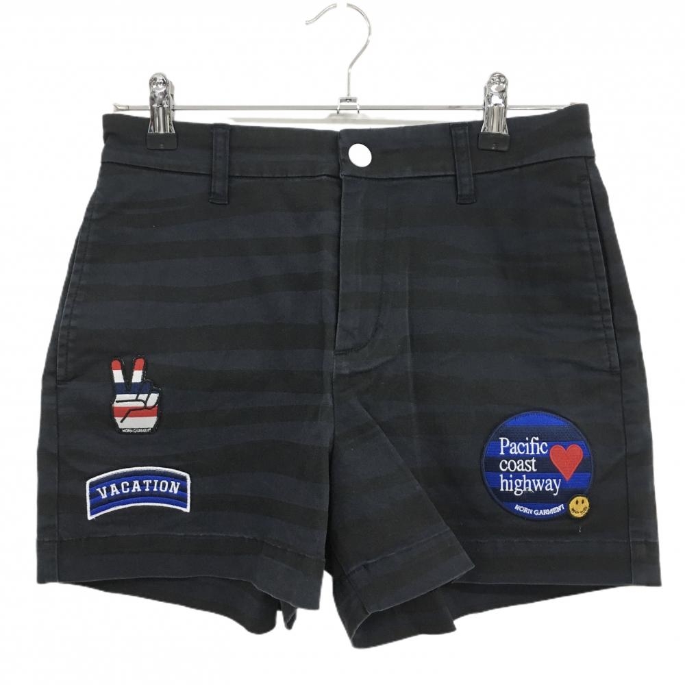 ホーンガーメント ショートパンツ ネイビー×黒 ボーダー風 マークアンドロナ ニコちゃん   レディース 38(M) ゴルフウェア MARK＆LONA