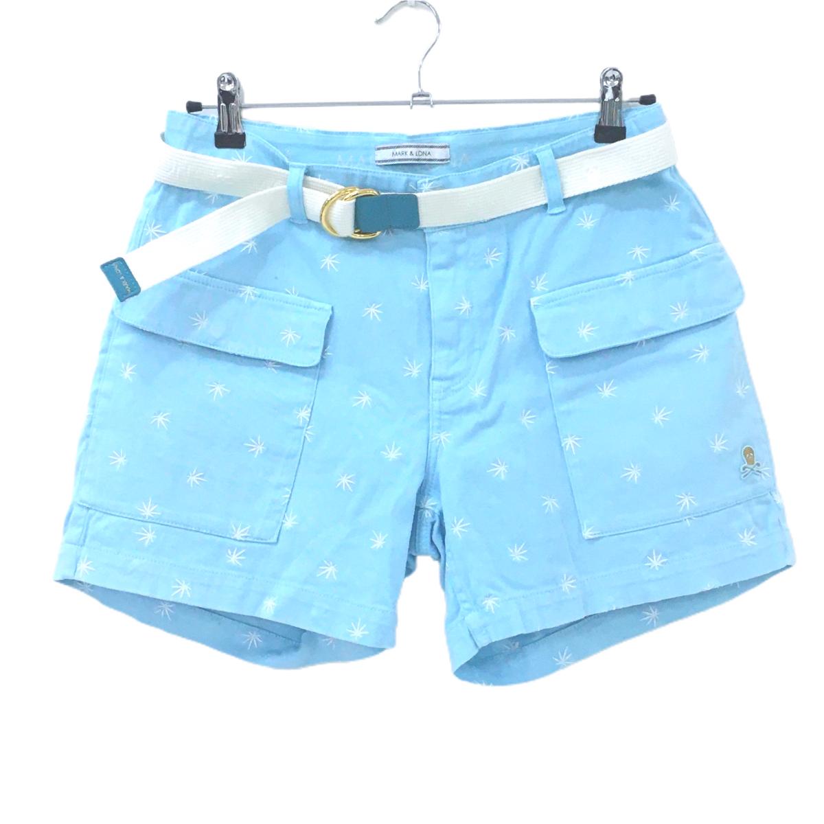 マークアンドロナ ショートパンツ ライトブルー×白 刺しゅう総柄 ベルト付  レディース L ゴルフウェア MARK＆LONA