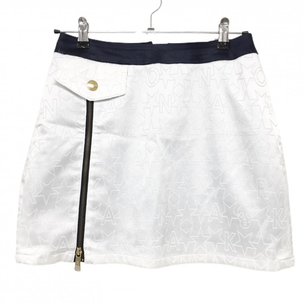 マークアンドロナ スカート 白×ネイビー 星柄織生地 スカル 裏地付 レディース L ゴルフウェア MARK＆LONA