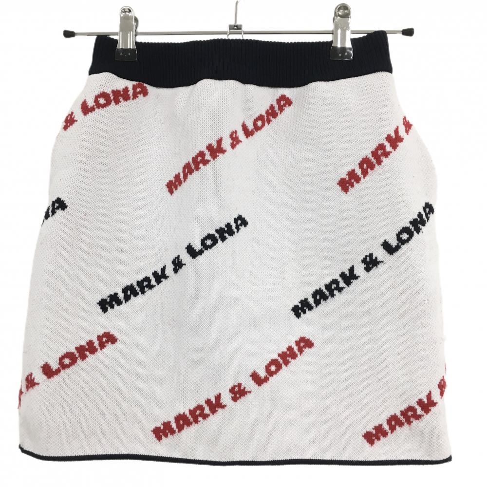 マークアンドロナ ニットスカート 白×レッド ロゴ総柄 ウール混 ウエストゴム 裏地付  レディース 36(S) ゴルフウェア MARK＆LONA