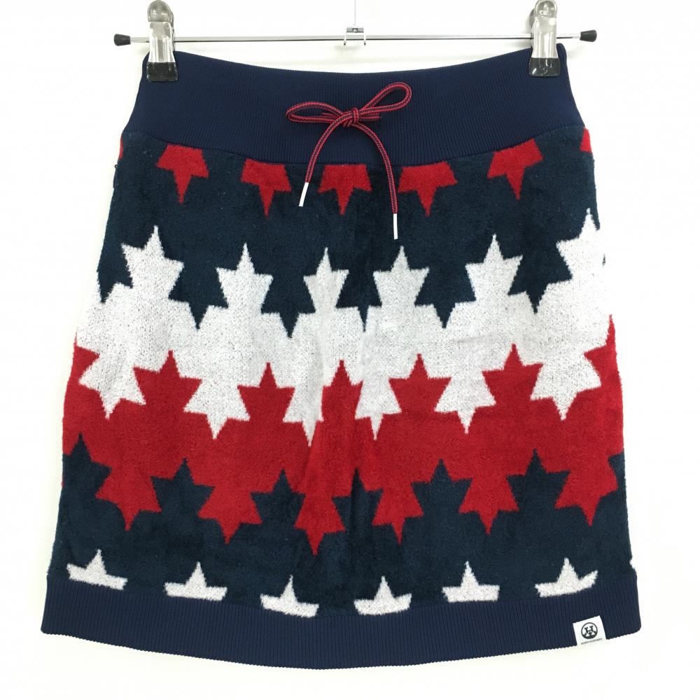 【超美品】ホーンガーメント ニットスカート ネイビー×レッド×白 総柄 レディース 36(S) ゴルフウェア HORN GARMENT
