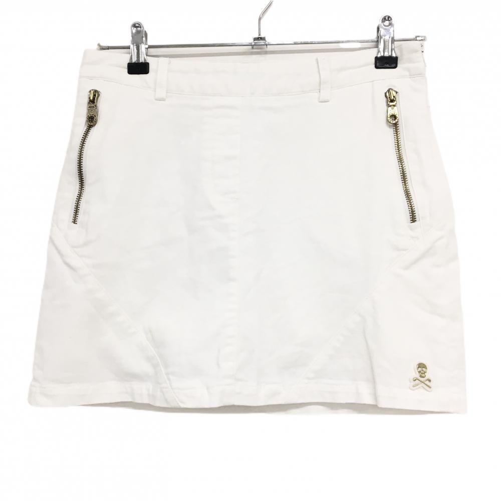 マークアンドロナ スカート 白×ゴールド 後ろスカル刺しゅう 内側インナーパンツ ストレッチ  レディース M ゴルフウェア MARK＆LONA