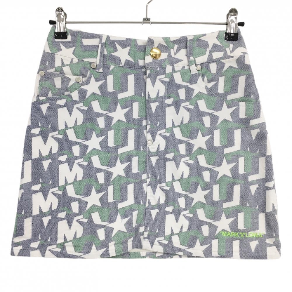 マークアンドロナ スカート ネイビー×白×グリーン 総柄 星 レディース 38(M) ゴルフウェア MARK＆LONA