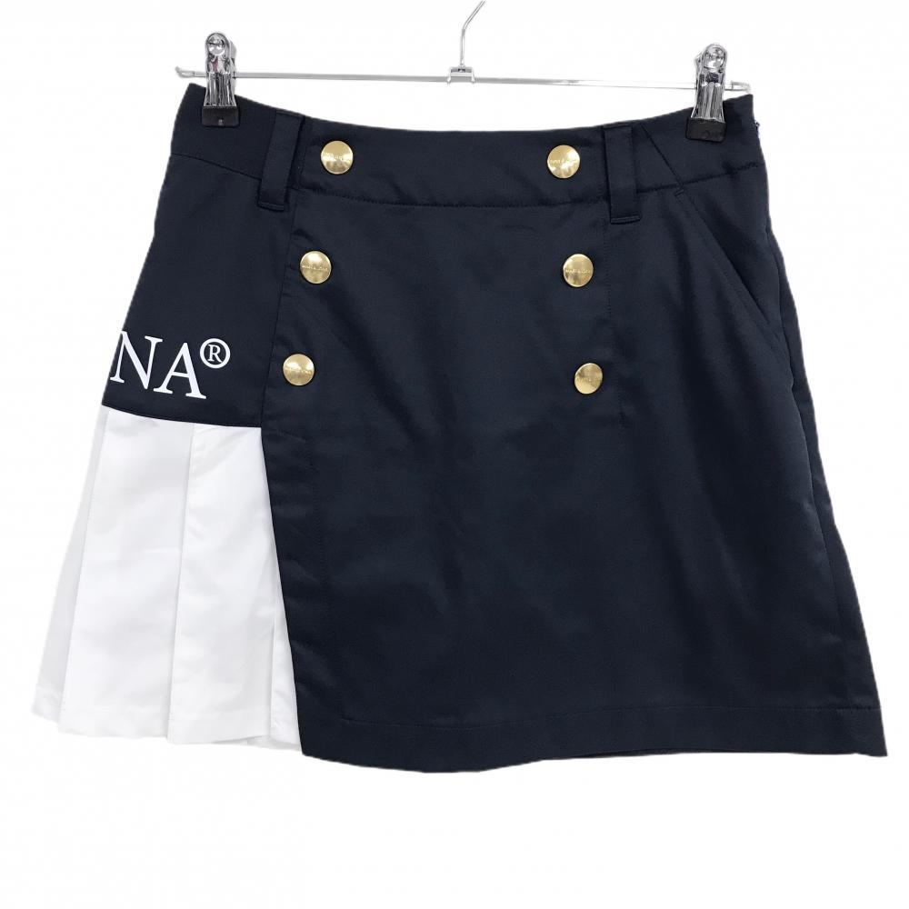 【美品】マークアンドロナ スカート ネイビー×白 一部プリーツ ストレッチ 内側インナーパンツ レディース 38(M) ゴルフウェア MARK＆LONA