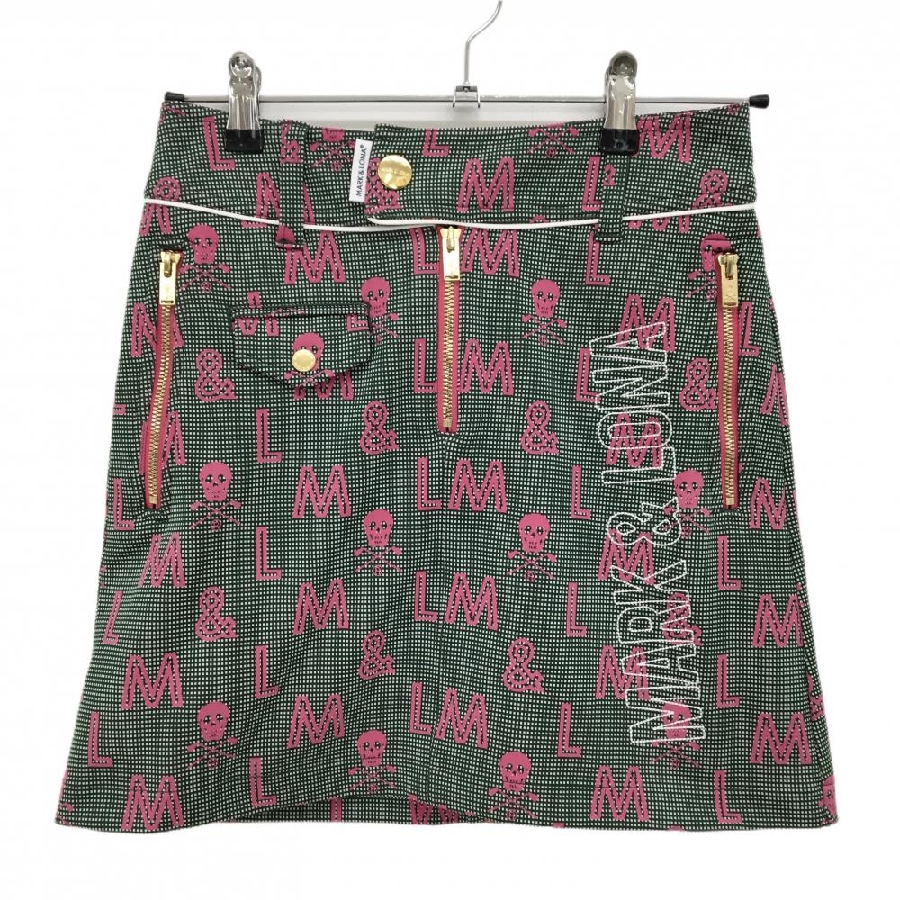 【超美品】マークアンドロナ スカート ダークグリーン×ピンク ロゴ・スカル総柄 ストレッチ  レディース 38(M) ゴルフウェア MARK＆LONA