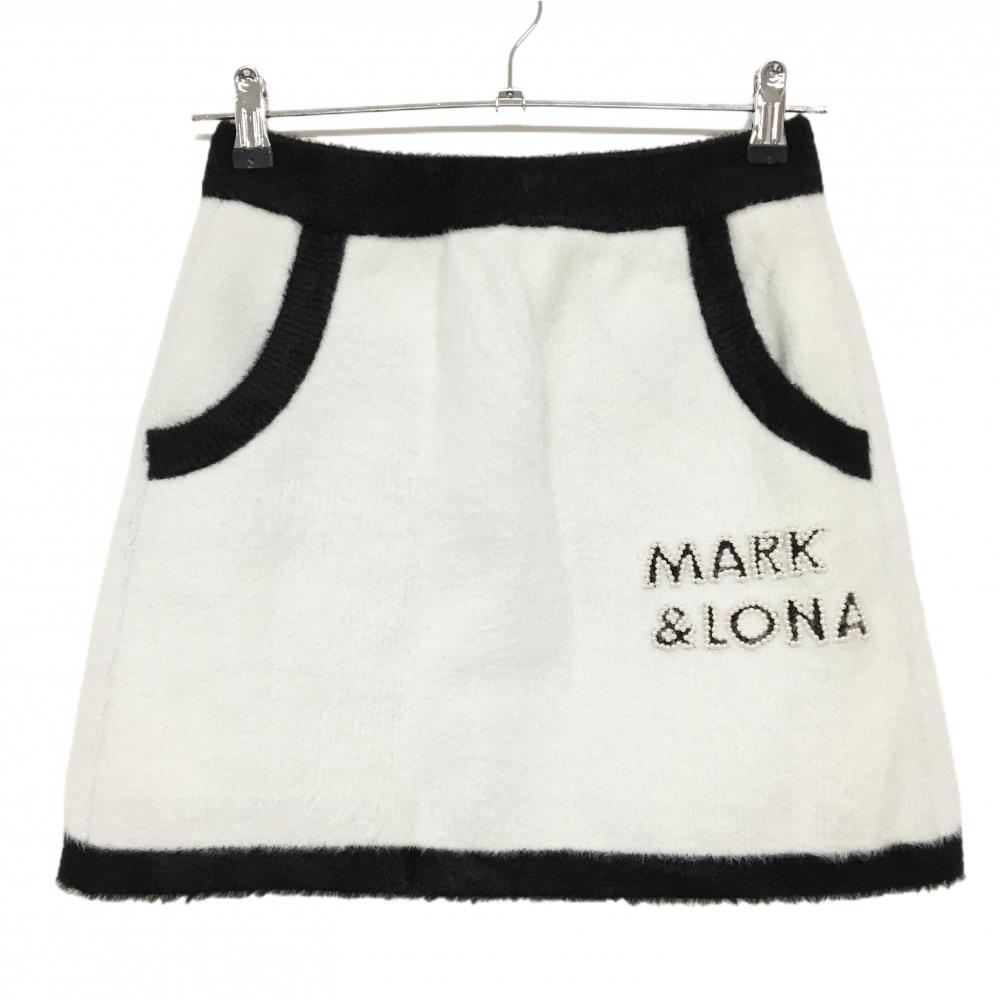 マークアンドロナ ニットスカート 白×黒 起毛素材 ウエストゴム 裏地付 レディース 36(Ｓ) ゴルフウェア MARK＆LONA