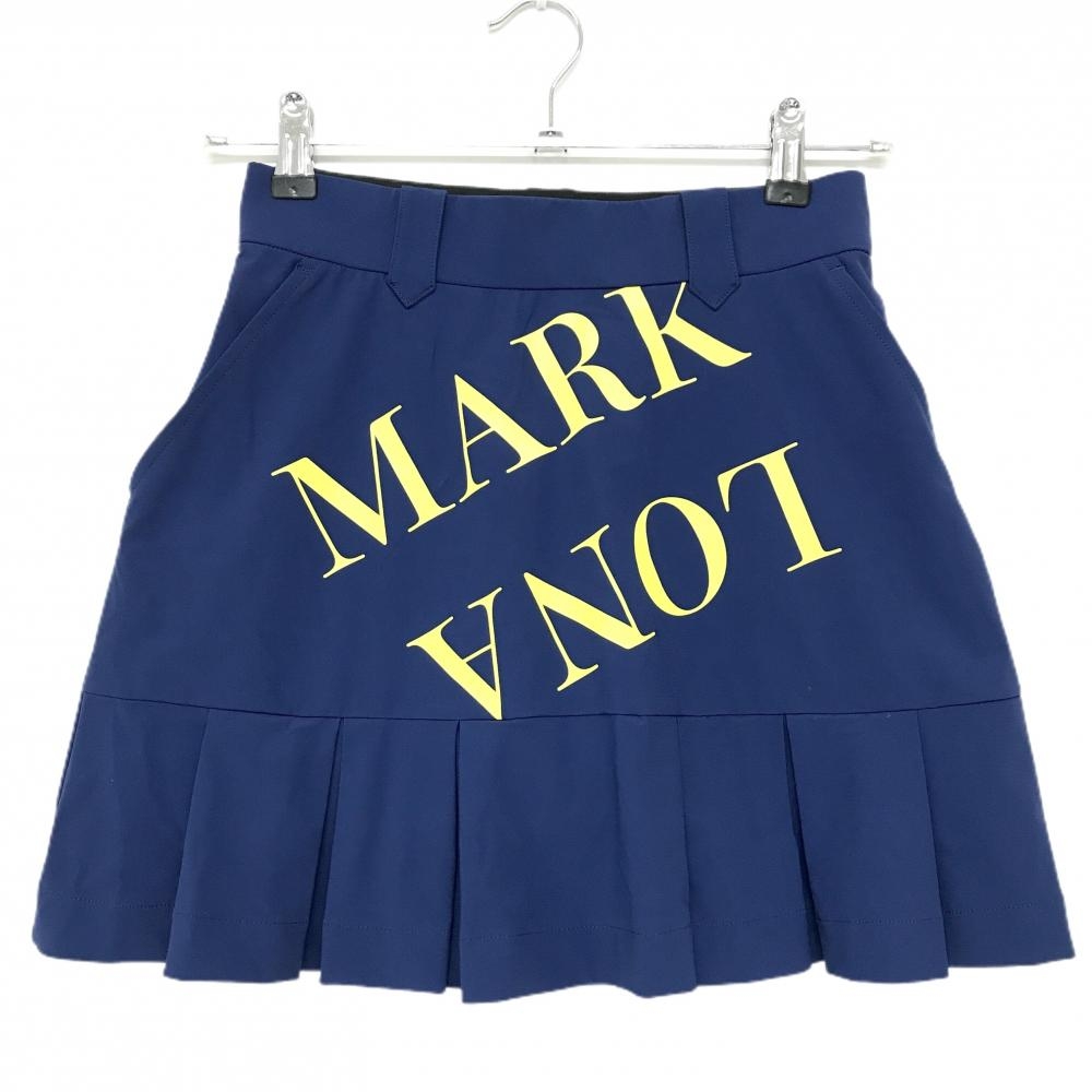 【美品】マークアンドロナ ストレッチスカート ブルーネイビー系×イエロー 裾プリーツ  レディース 36(S) ゴルフウェア MARK＆LONA