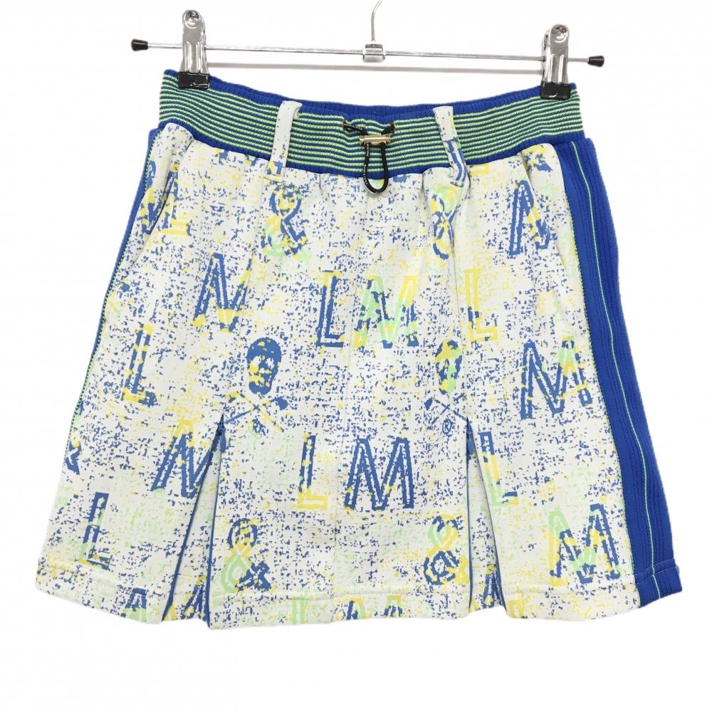 【美品】マークアンドロナ スカート 白×ブルー×イエロー 総柄 ウエストゴム  レディース 36(S) ゴルフウェア MARK＆LONA