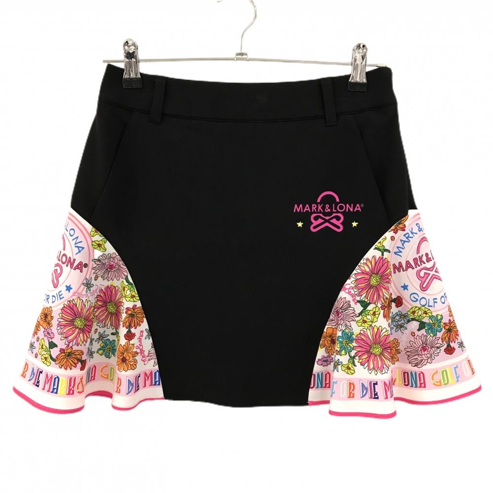 【美品】マークアンドロナ スカート 黒×ピンク サイド花柄 ストレッチ  レディース 36(S) ゴルフウェア 2025年モデル MARK＆LONA