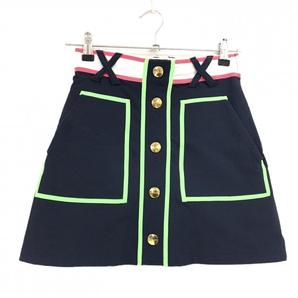 【美品】マークアンドロナ ストレッチスカート ネイビー×ライトグリーン×蛍光ピンク  レディース 36(S) ゴルフウェア MARK＆LONA