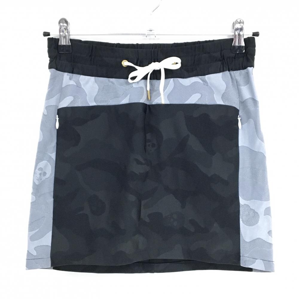 【超美品】マークアンドロナ スカート 黒×グレー カモフラ総柄地模様 裏地メッシュ レディース S ゴルフウェア MARK＆LONA