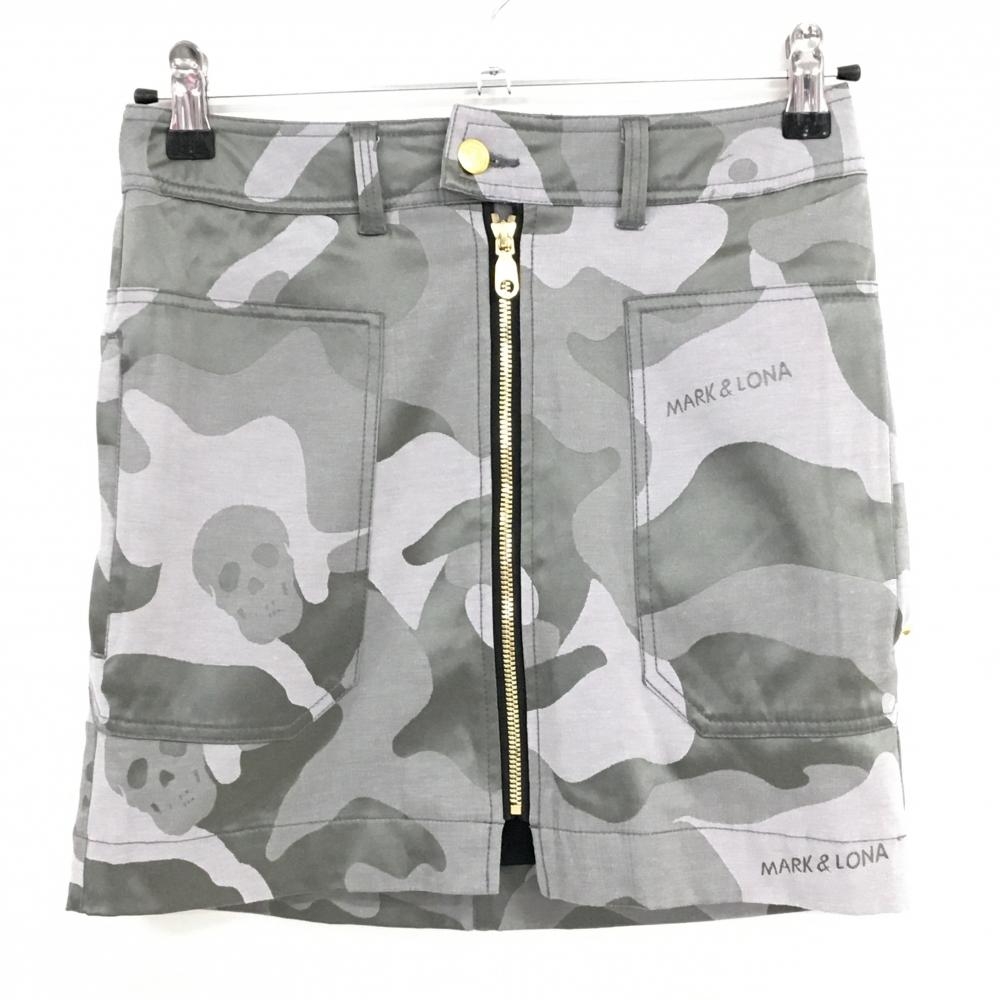 【超美品】マークアンドロナ スカート ライトグレー×カーキ 迷彩 カモフラ スカル 裏地付 レディース S ゴルフウェア MARK＆LONA