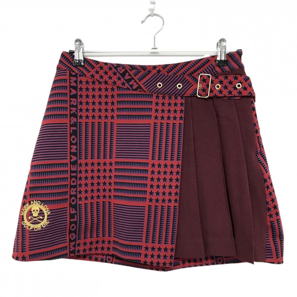【超美品】マークアンドロナ スカート レッド×黒×パープル系 総柄 星柄 ボーダー レディース 38(M) ゴルフウェア MARK＆LONA